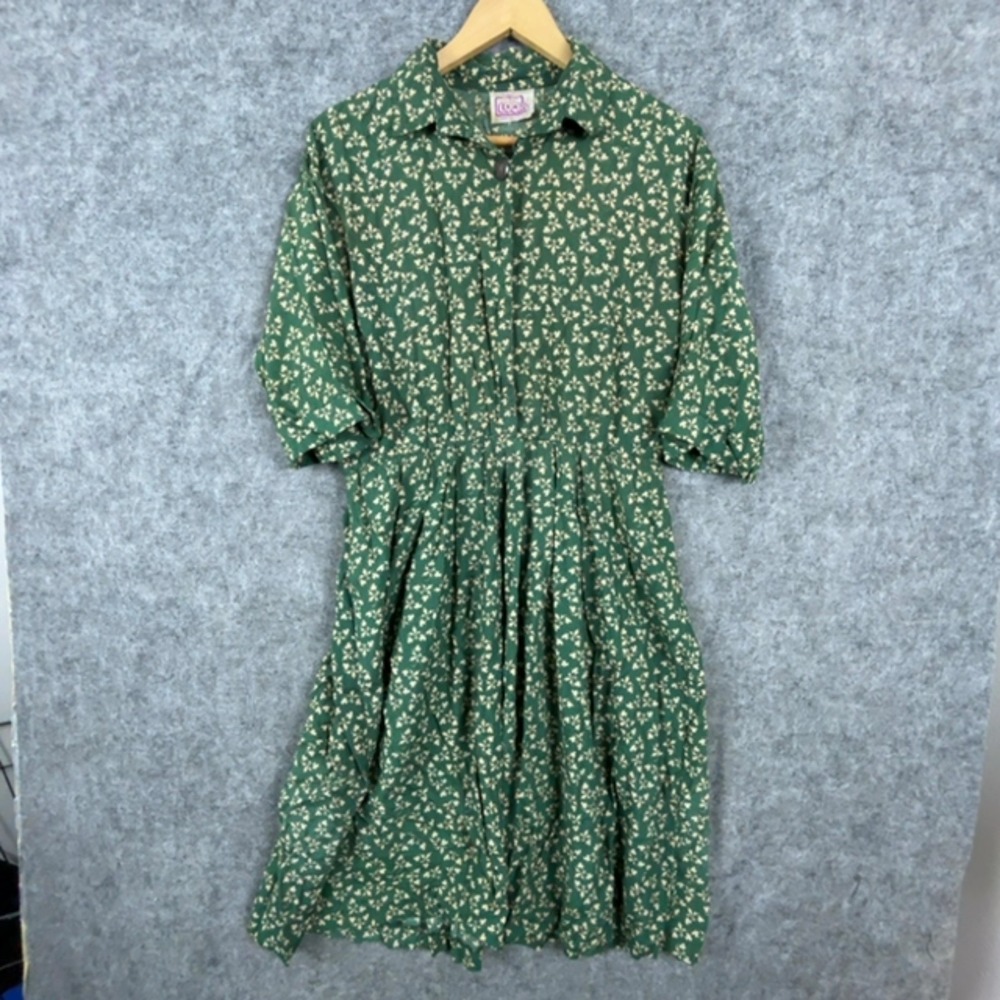 California Looks Shirt Dress Women M Green Floral Vintage Pleated Cottagecore